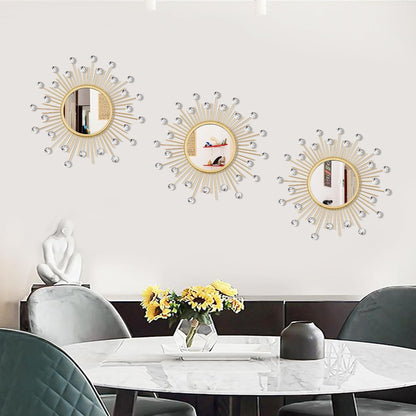 3 Pack Metal Mirrors for Wall Sunburst Wall Mirrors Home Décor Decorative Hanging Wall Art for Living Room Bedroom Entryway (Gold, Flower+Sunburst)