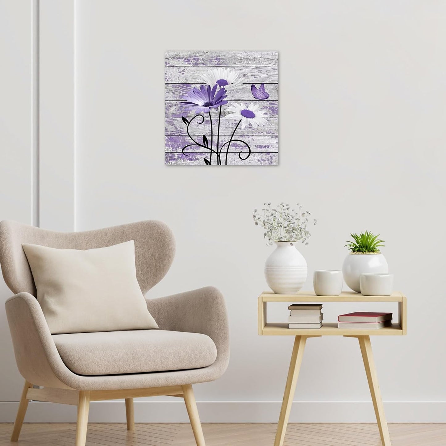 HVEST Farmhouse Floral Wall Art for Living Room, Blue and White Daisy Flower and Butterfly on Rustic Wood Board Canvas Wall Art Framed Artwork Ready to Hang for Bathroom Bedroom Decor, 16L X 12W