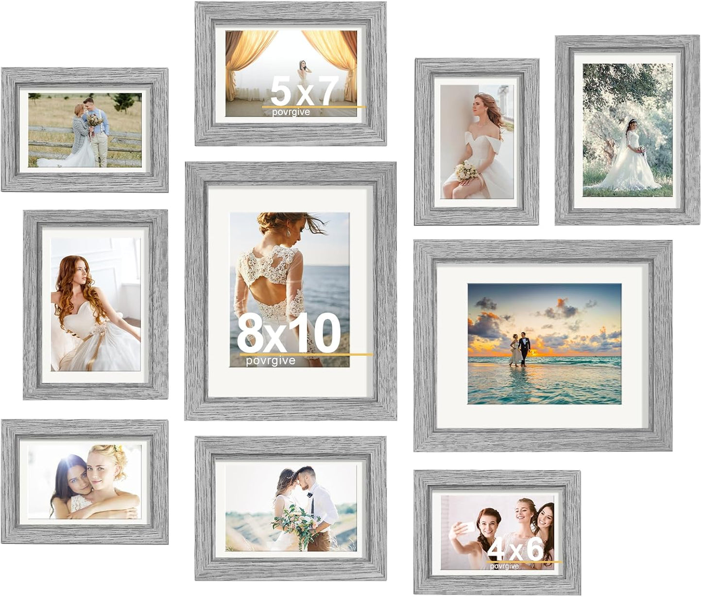 Povrgive Picture Frames, Made of Real Glass and Wooden Frame, Gallery Photo Frames Set of 10 for Collage Wall Decor, Multi Sizes Including 8x10, 5x7, 4x6 for Mounting or Tabletop Display, Wood