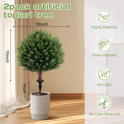 Artificial Red Eucalyptus Topiary Ball Tree 24" with Ground Spike, Set of 2 Artificial Boxwood Bushes for Faux Shrubs, Fake Evergreen Faux Plant for Indoor Outdoor Garden -UV Resistant–Fade-Proof