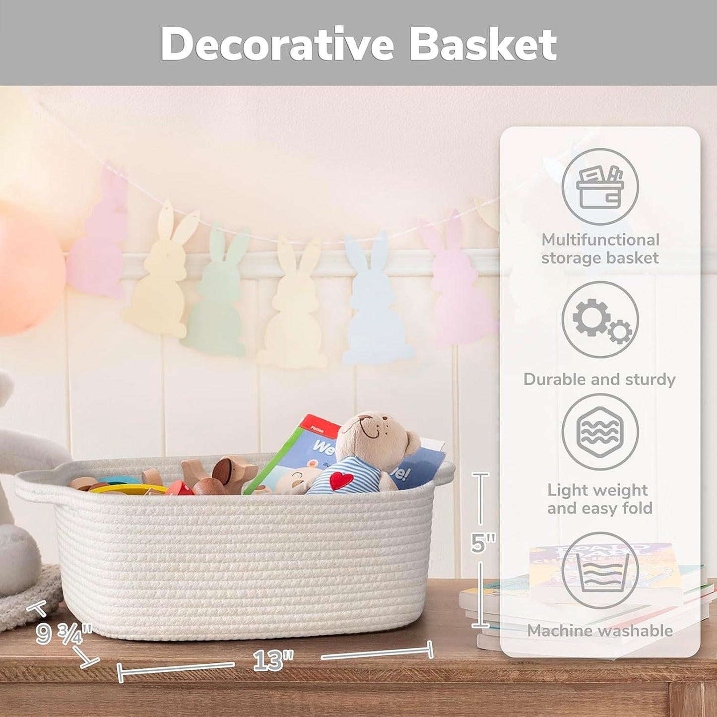 CHICVITA Decorative Gift Basket, Easter Basket for Kids, Woven Rope Storage Baskets with Handles, Nursery Baby Shower Toy Organizer, Grey, 13 x 9.8 x 5 inches