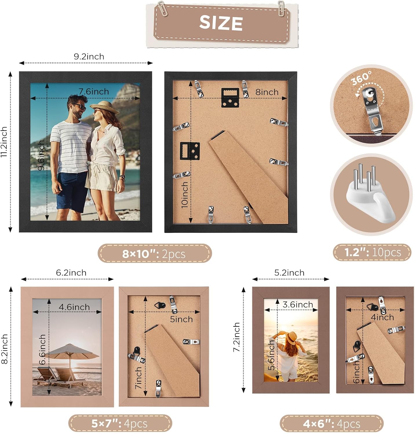Funtopia Picture Frames, 10 Pack Picture Frames Collage Wall Decor, Gallery Wall Frame Set for Wall or Tabletop Display, Multi-size with 8x10, 5x7, 4x6 Family Photo Frames