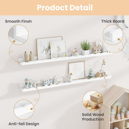 Fun Memories Picture Ledge Shelf for Wall, 24 inch Pine Wood Nursery Book Shelves Set of 2- Wall Book Shelves for Kids Room, Home Decor - Kitchen Spice-White