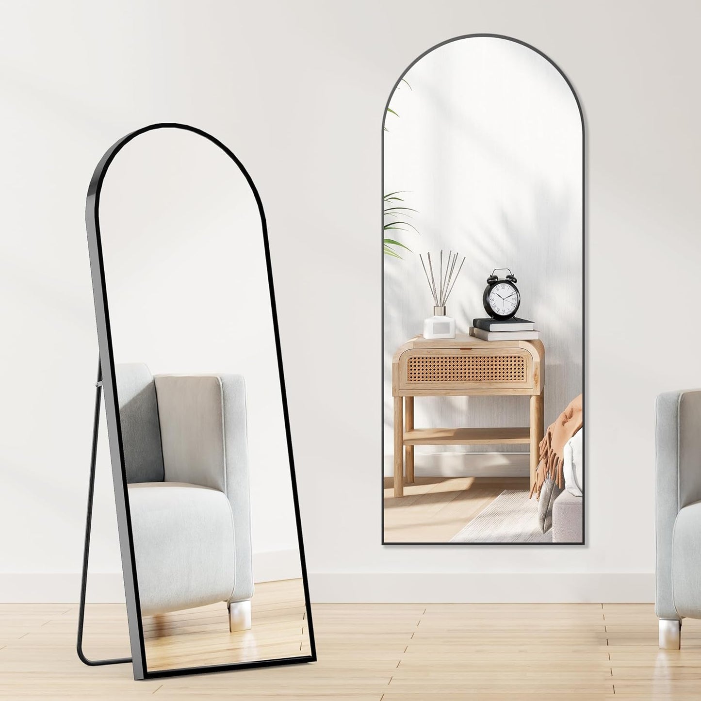 OLIXIS Black Arched Full Length Mirror 60"x16" for Bedroom, Full Body Mirror with Stand, Hanging or Leaning for Wall, Aluminum Alloy Thin Frame Floor Standing for Living Room