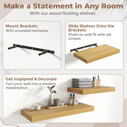 72 Inch Long Floating Shelves for Wall Set of 2, 12"D Wood Grain Bathroom Shelves with Invisible Brackets, Easy Install Engineered Wood Storage Shelves for Kitchen, Living Room, Bedroom, Black Finish