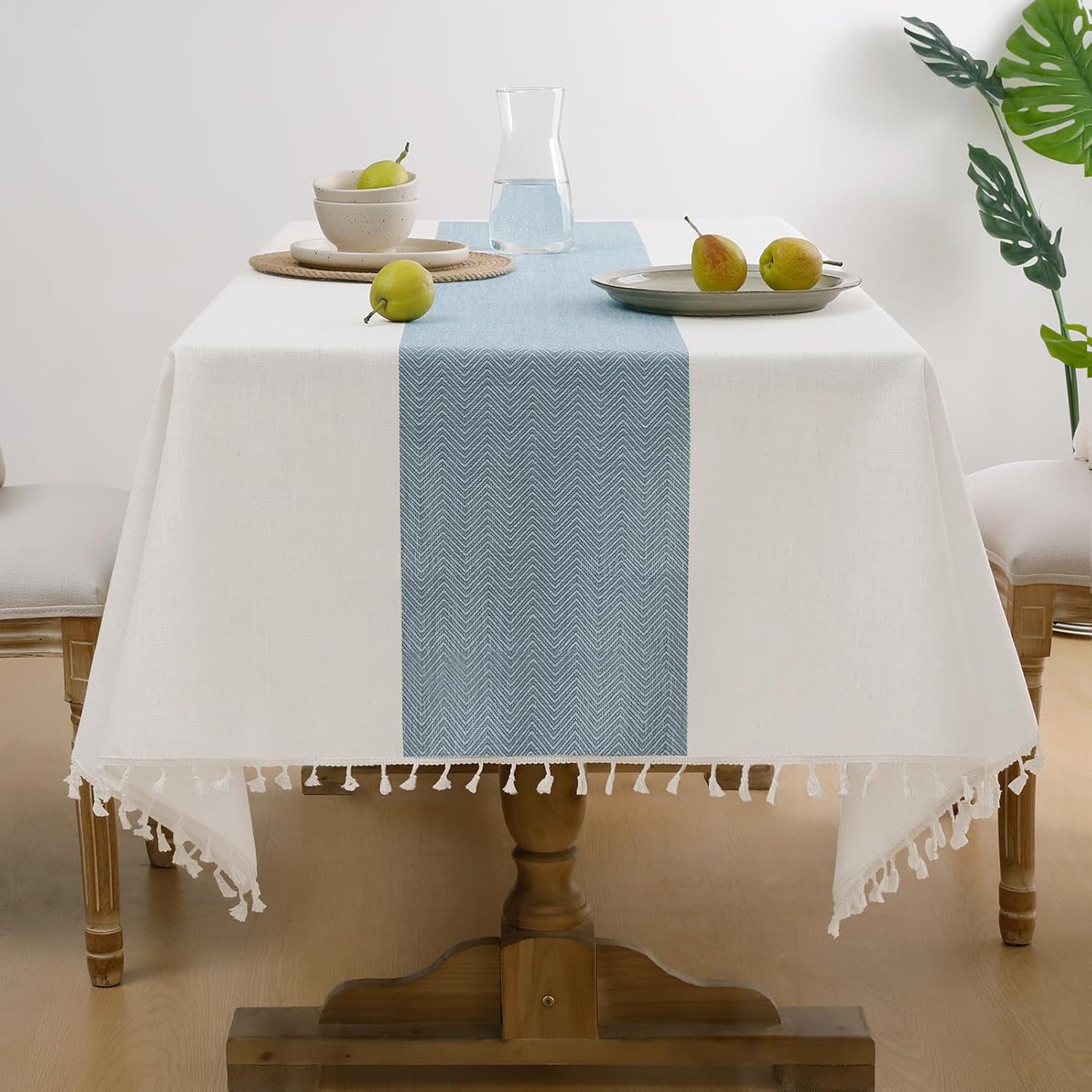 Softalker Outdoor Tablecloth Rectangle, Waterproof Linen Cotton Farmhouse Table Cloths with Tassel, Heavy Weight Wrinkle Free Boho Table Cover for Picnic Camping Dining - 55 x 70 Inch, Coffee Lines