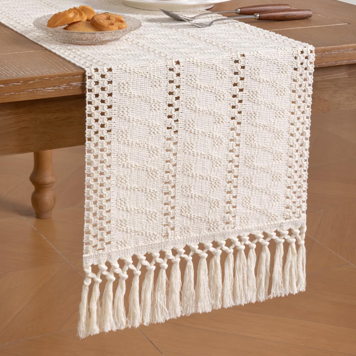 Socomi Boho Table Runner Summer Farmhouse Rustic Dining Kitchen Centerpiece Decor Small Macrame Woven Cotton Linen Coffee Table Runner for Dresser Scarf Home Decor 12x36 inch Beige
