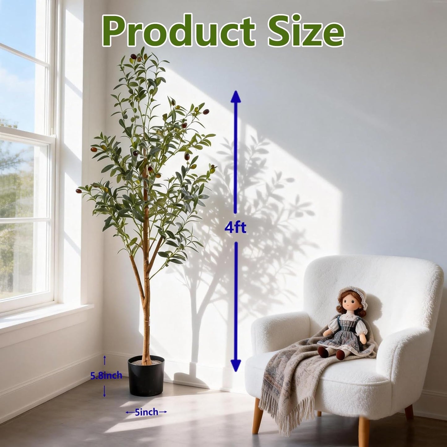 6FT Artificial Olive Tree Indoor, Tall Faux Olive Tree with Pot&Basket, Large Fake Olive Tree with Realistic 1080 Silk Leaves and 60 Fruits for Living Room Home Office Decor.
