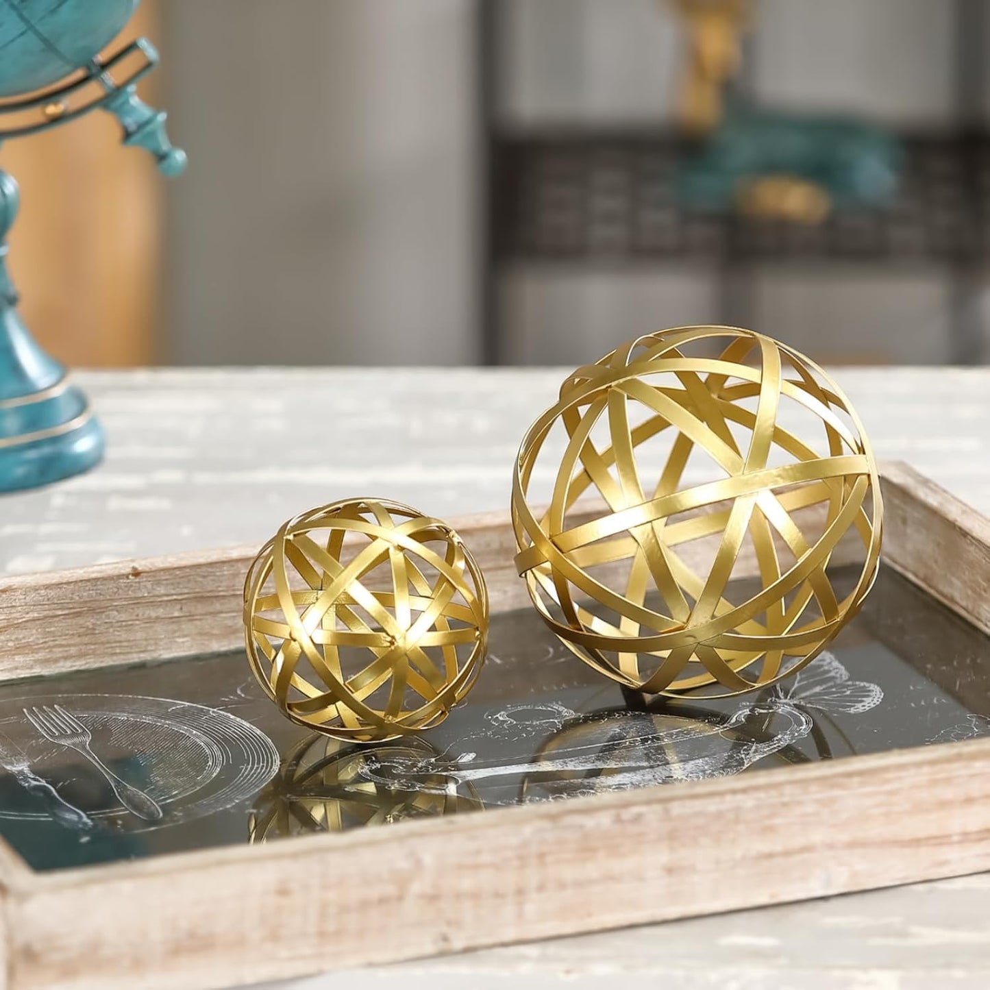 Metal Decorative Starburst Ball, 6 Inch Gold Sphere Decor, Spiky Star Burst Tabletop Sculpture, Mid-Century Modern Metal Spike Ball for Home, Living Room, Office & Shelf Decor