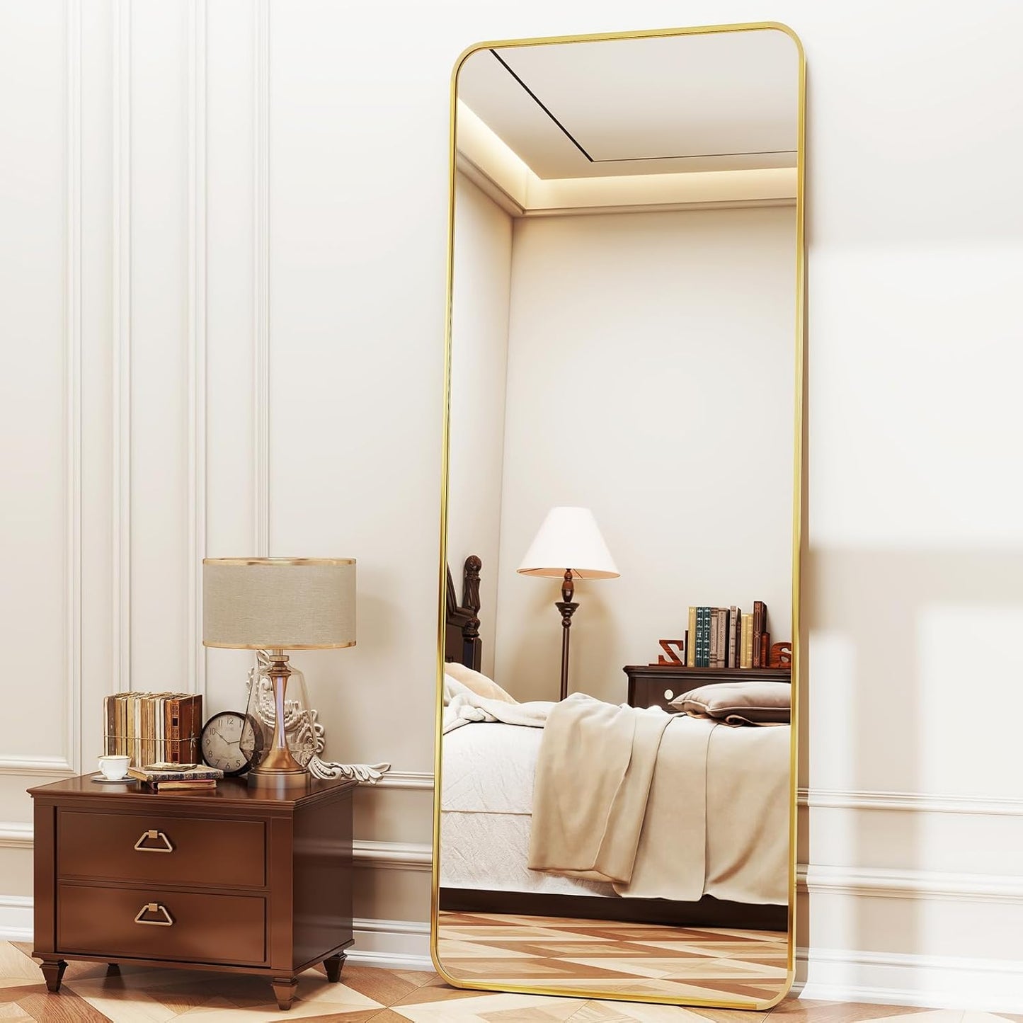 XRAMFY 56"x21" Floor Full Length Mirror Standing Full Body Rounded Corner Rectangle Mirrors with Stand Hanging Wall Mounted Leaning Bedroom Living Room Bedroom Cloakroom,Gold
