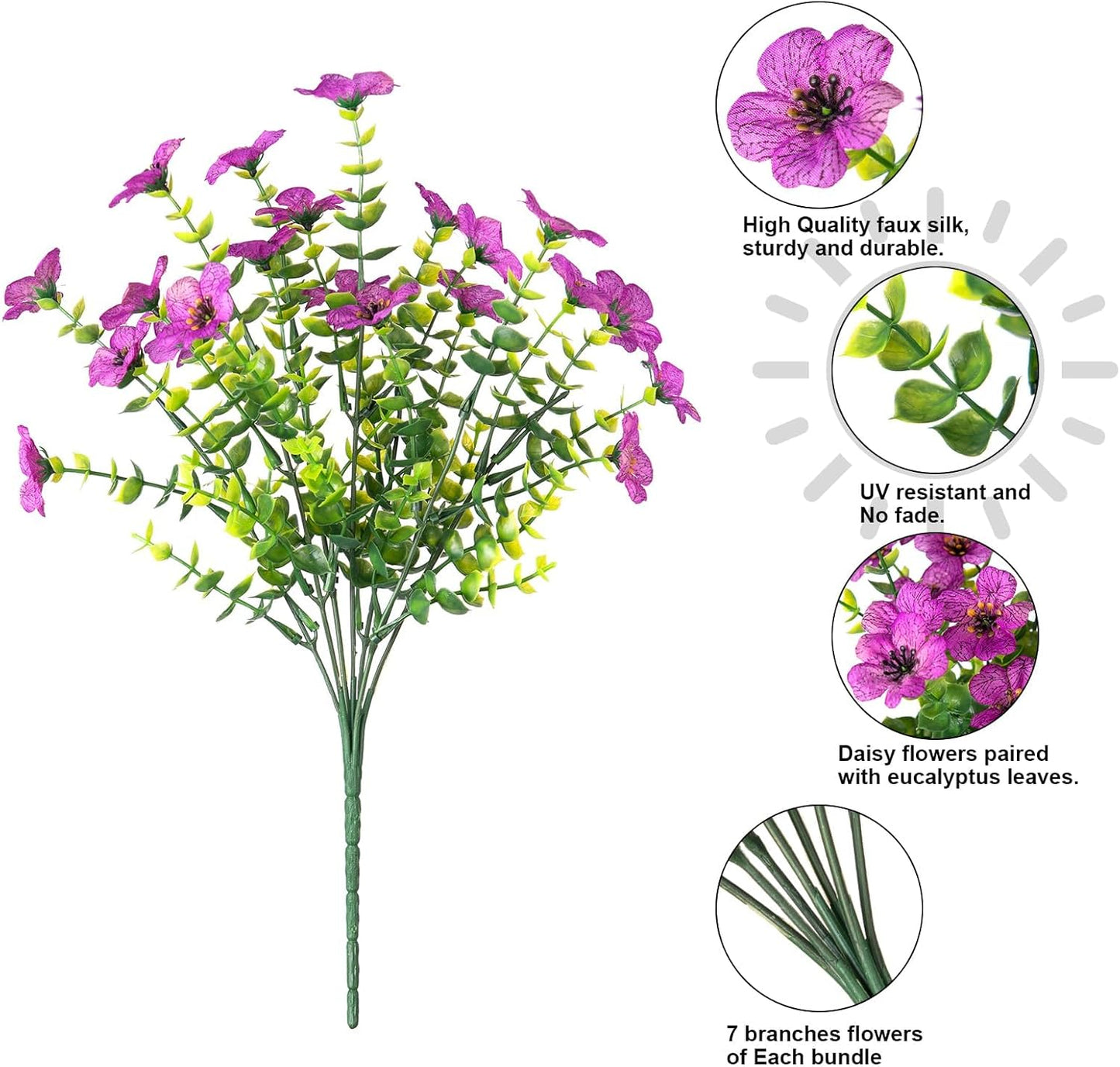 HyeFlora Artificial Flowers for Outdoor Indoor Garden Home Decoration, Faux Flower Daisy with Eucalyptus Leaves Fake Plants Greenery Boxwood Porch Patio, 12 Bundles (Mix Pink Red Purple Yellow)