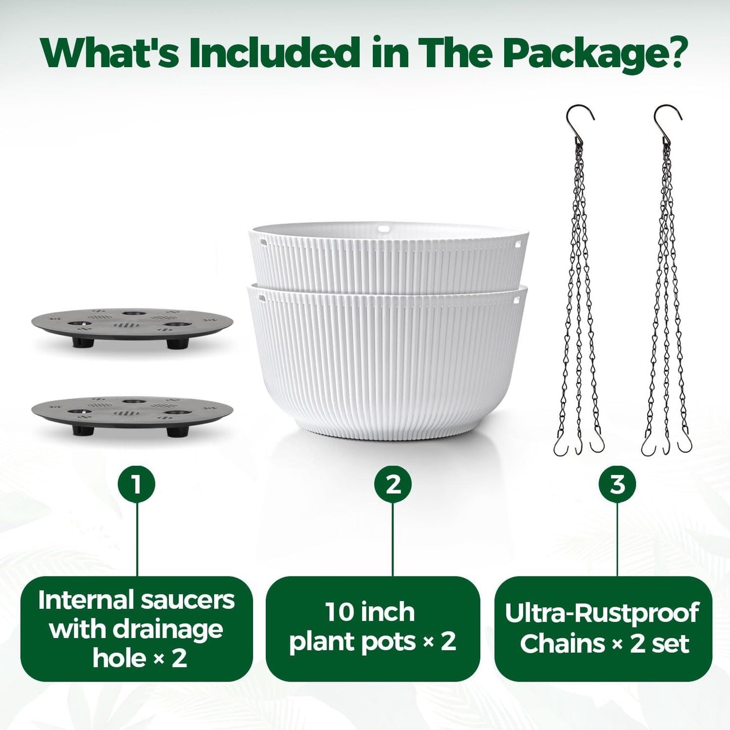 T4U 10 Inch Hanging Planters for Indoor Plants, 2 Pack White Self Watering Hanging Plant Pot, Hanging Pots Set with Drainage Hole & Plug & Chain with 3 Hooks for Garden Home Decor