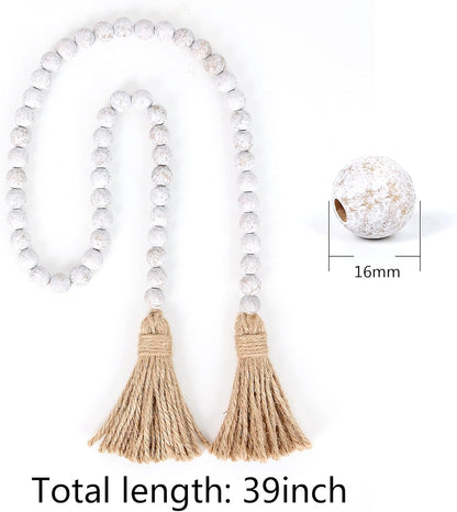 Wood Bead Garland Farmhouse Beads with Tassels,Farmhouse Tassel Garland Country Wall Hanging Decor Prayer Beads(39 inches/Nature)