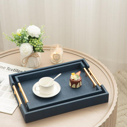 Modern Decorative Tray Set of 2 Ivory Shagreen Leather and Wood Serving Tray with Gold Polished Metal Handles for Ottoman, Coffee Table, Bathroom and More