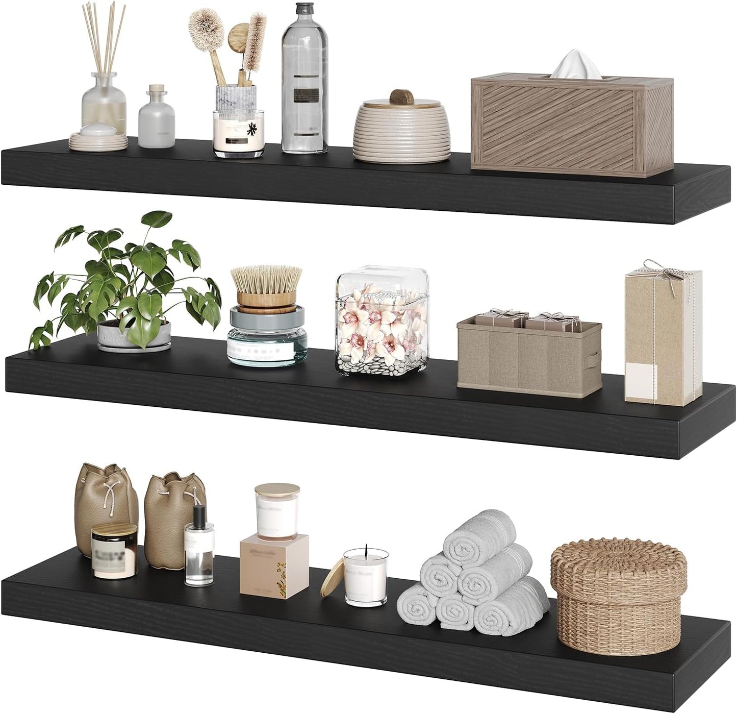 RALGEND Floating Shelves for Wall, 1.5" Thick Wall Shelf Set of 3 with Invisible Brackets, L31.5 x W7.9 Hanging Shelves Farmhouse Home Decor for Bathroom, Living Room, Bedroom, Rustic Brown 8301BJP3BF