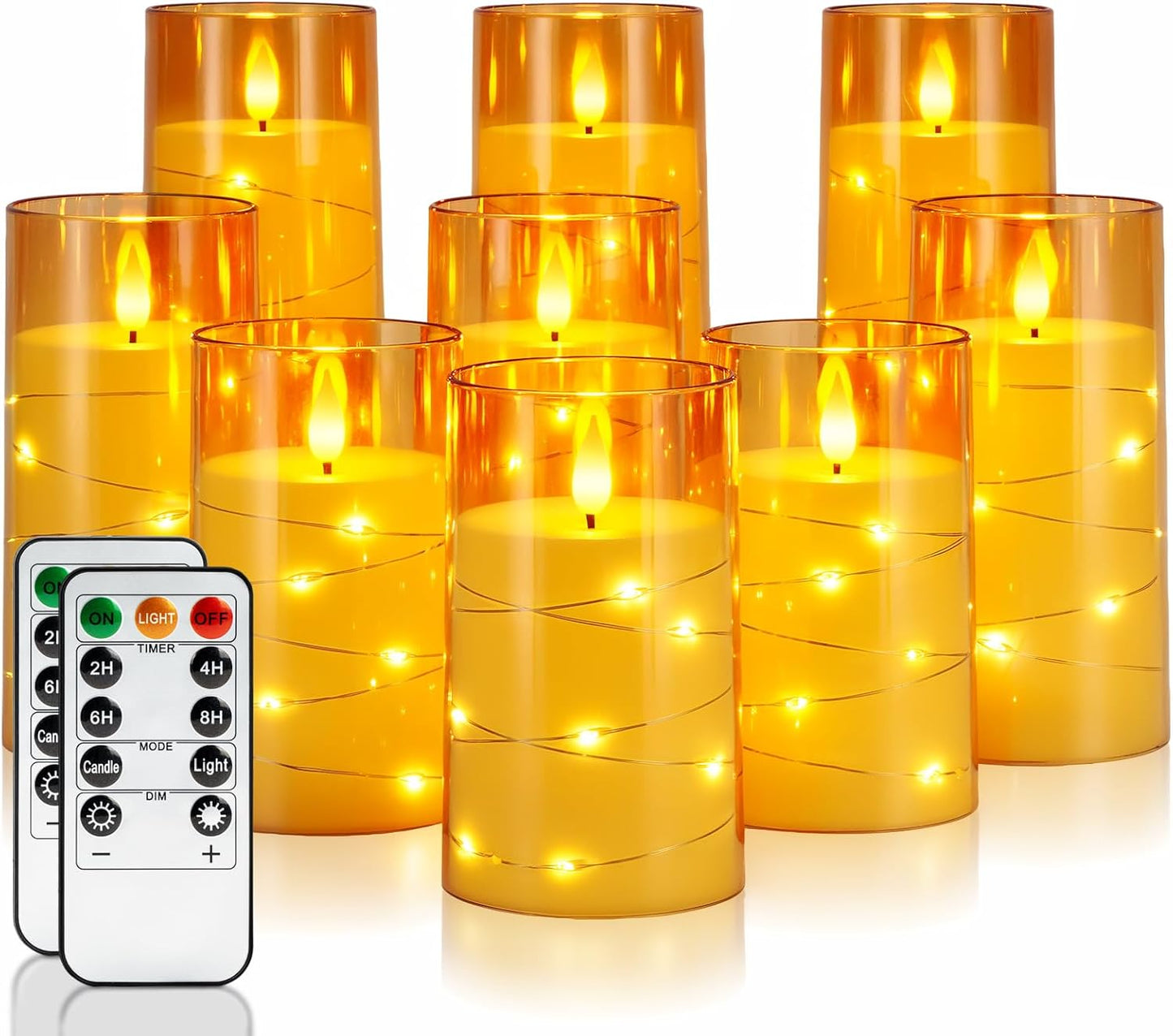 Homemory Flameless Candles with Embedded Star String Fairy Lights, Battery Operated Candles, LED Candle, Fake Candles with Remote Control and Timer for Halloween, Gray Acrylic, Set of 5(H4"5"6"8"8")