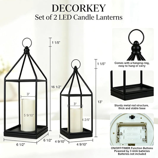 LED Lanterns Decorative Indoor&Outdoor, 23’’ 19’’ 13’’ Large Black Candle Lanterns Set with 3 Flameless Candles, Metal Holders for Porch, Patio, Garden, Home, Fireplace, Decorations Decor