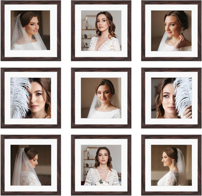 12x12 Picture Frame Set of 9, Display Pictures 8x8 with Mat or 12x12 without Mat, Multi Collage Gallery Square Photo Frames for Wall or Tabletop, Black