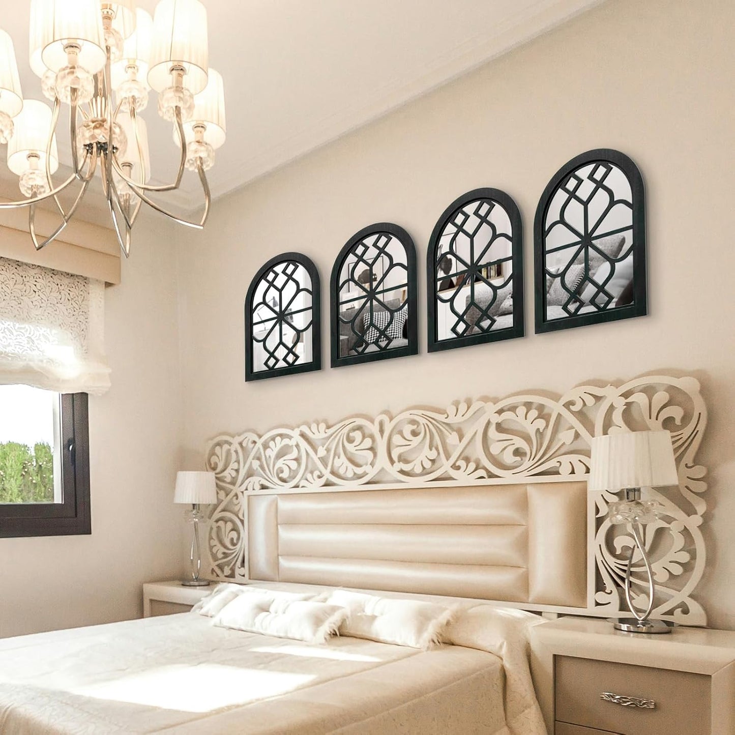ZEXUIRU 4 Set. Rustic Wall Mirrors for Bedroom Bathroom Living Room Entryway Wood Farmhouse Square Easy to Hang Framed Decorative Accent Hanging Wall-Mounted Mirror Set for Living Room - Black
