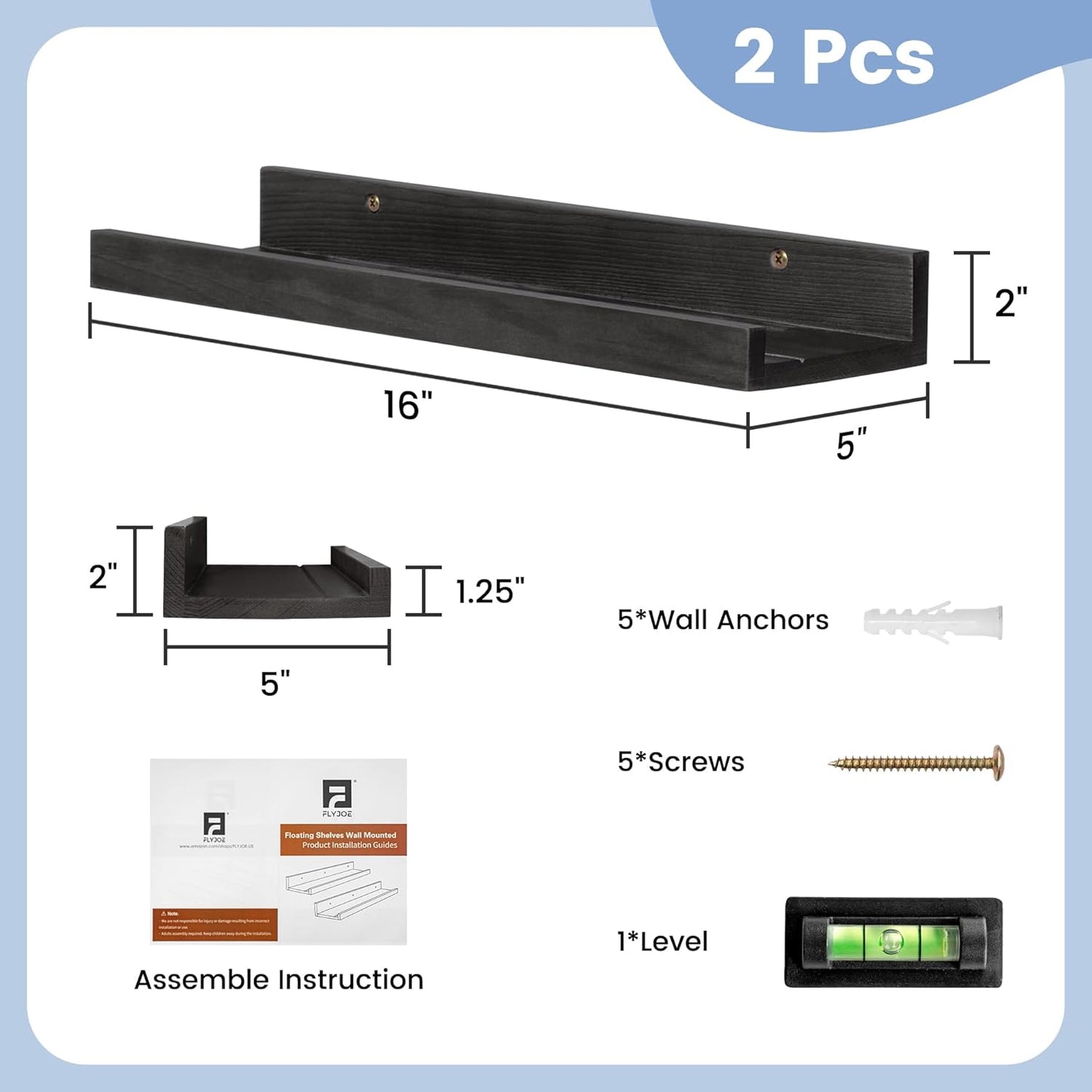 FLYJOE Picture Ledge Shelf, Floating Shelves Set of 2, Solid Pine Wood 55'' Long Large Nursery Book Shelves for Toys Storage, Kids Bookshelf for Living Room Bedroom Decor Books Photo Frames, Walnut