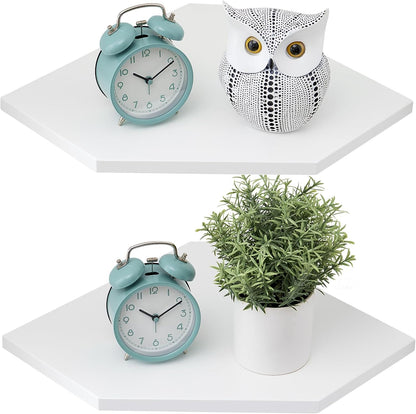 Corner Wall Shelves, Corner Floating Shelves Set of 2 Solid Oak Wood Display Shelf with Wire Hole Small Plant for Kitchen Living Room Natural