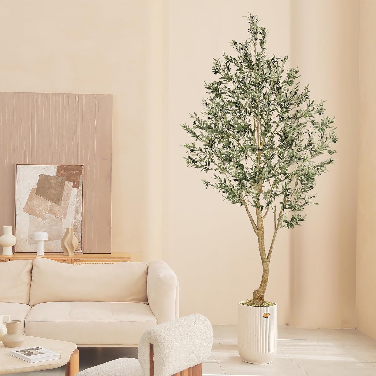 Realead Faux Olive Tree 7ft - Realistic Tall Olive Trees Artificial Indoor - Large Fake Olive Tree with Natural Wood Trunk and Lifelike Leaves - Artificial Olive Tree for Home Office Decor