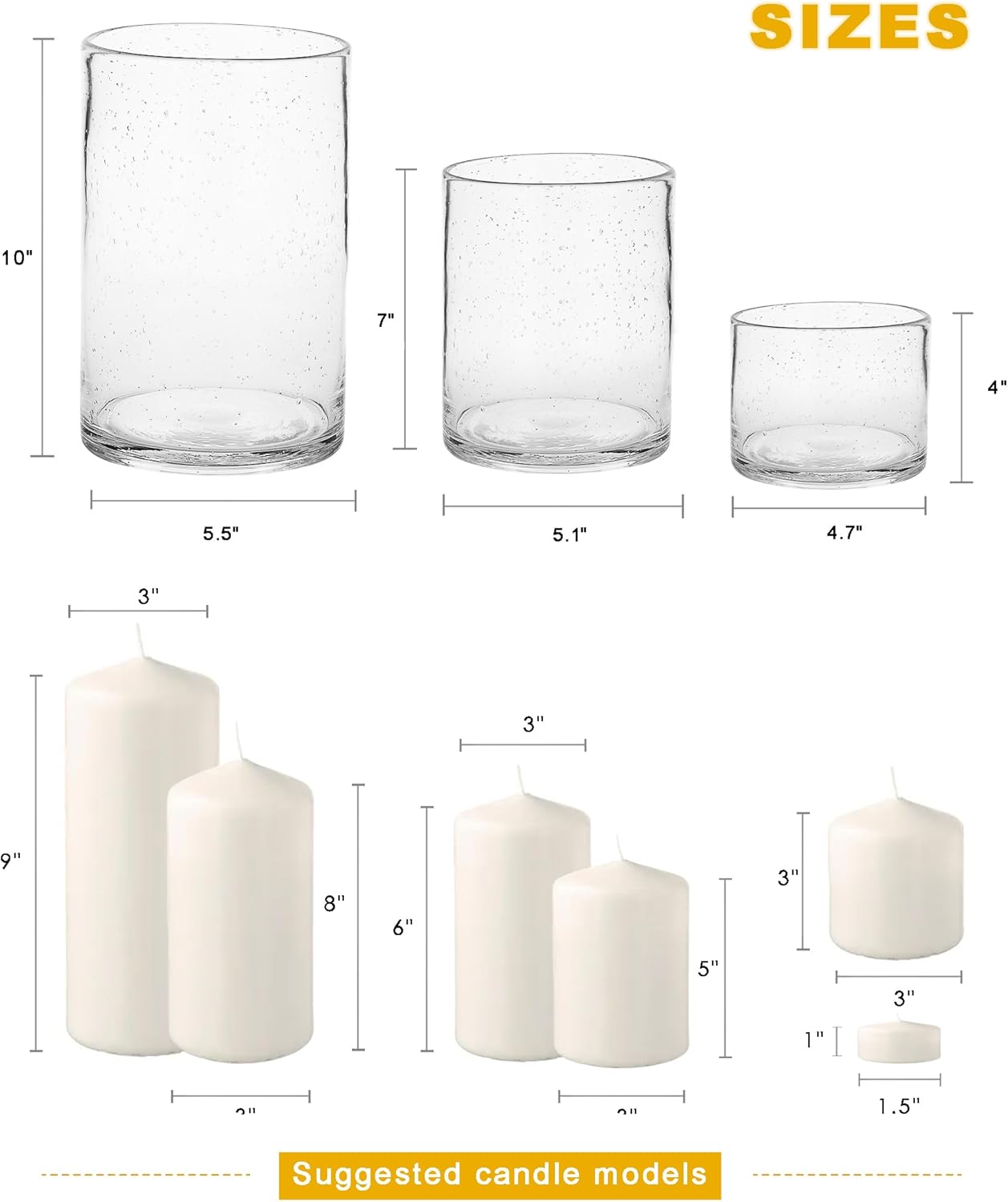 Hurricane Candle Holders for Pillar Hand Blown Glass Cylinder Vases Table Centerpiece Bulk Room Decor Clear Seeded Bubbles Living Dining Kitchen Island 10" 7" 4" Set of 3