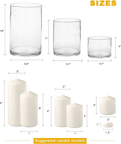 Hurricane Candle Holders for Pillar Hand Blown Glass Cylinder Vases Table Centerpiece Bulk Room Decor Clear Seeded Bubbles Living Dining Kitchen Island 10" 7" 4" Set of 3