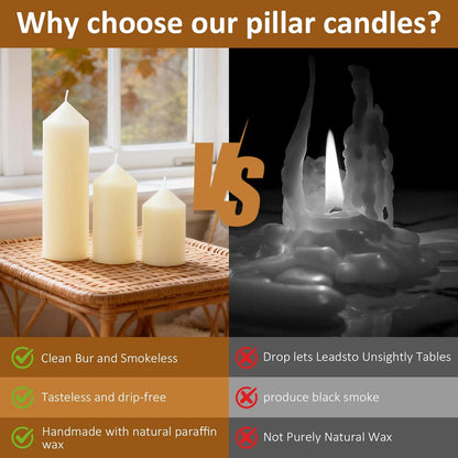 12-Pack Ivory Unscented Pillar Candle Set - 2x3, 2x6, 2x8-inch Long-Burning Drip-Free Tapers, 4 Per Size. Ideal for Home Decor, Weddings, Emergencies, and Holidays.
