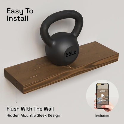 BAOBAB WORKSHOP Wood Floating Shelves for Wall Mounted, 16 inch Walnut Floating Shelf for Bathroom, Solid Wooden Wall Shelves for Kitchen Bedroom Farmhouse, Walnut Finish, 16 x 6.7, Set of 2