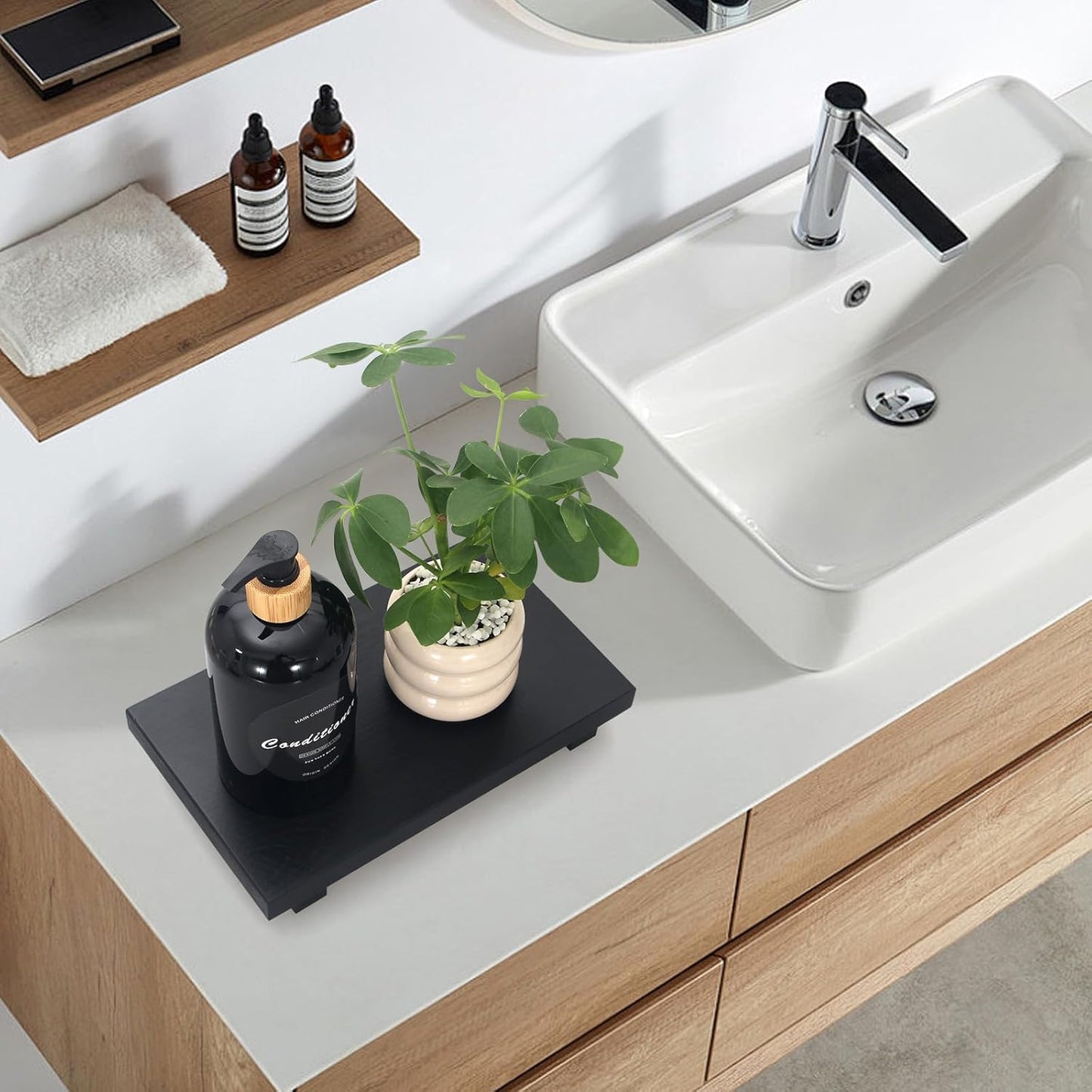 Wooden Pedestal Stand Black Bathroom Counter Organizer Tray Decor Farmhouse Wood Risers Small Hand Soap Dish Dispenser Holder for Kitchen Sink Modern Bathroom Vanity Accessories Decorative Tray