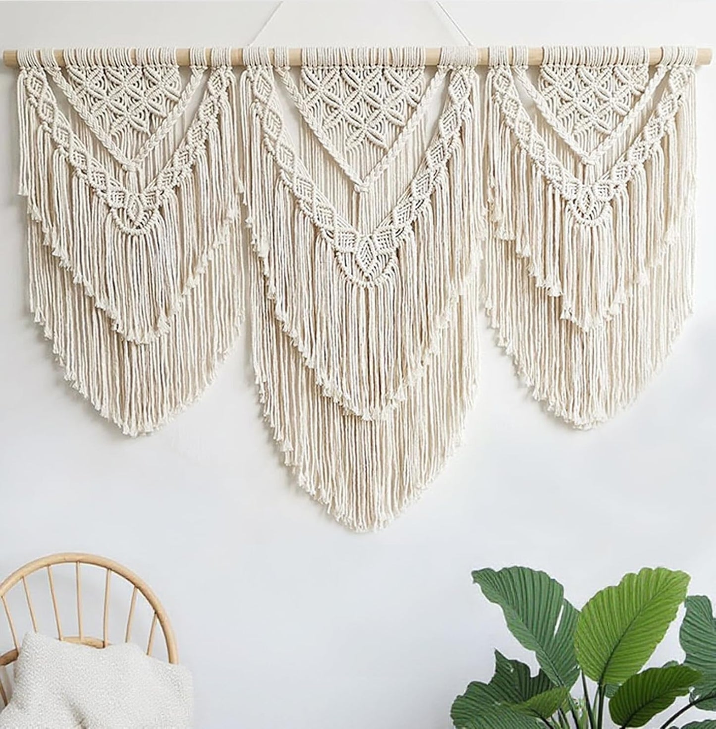 oiikain Large Handmade Boho Macrame Wall Hanging Tapestry - Chic Bohemian Woven Home Decor art for Living Room, Bedroom, and Wedding Parties (Beige, twelve rhombus)
