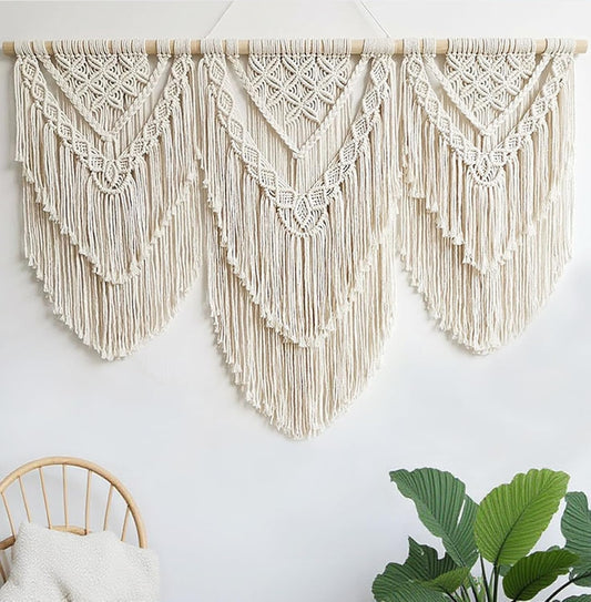 oiikain Large Handmade Boho Macrame Wall Hanging Tapestry - Chic Bohemian Woven Home Decor art for Living Room, Bedroom, and Wedding Parties (Beige, twelve rhombus)