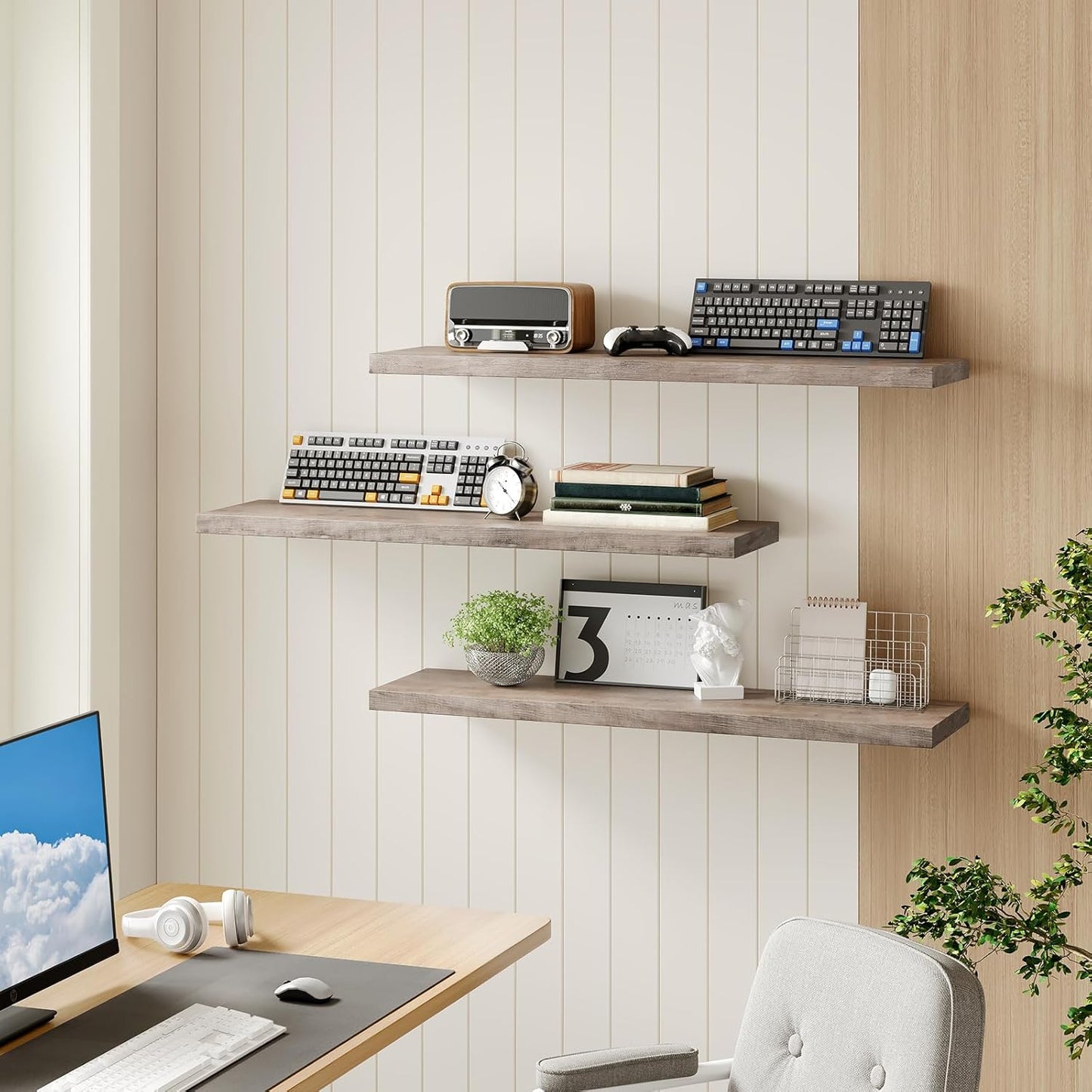 RALGEND Floating Shelves for Wall, 1.5" Thick Wall Shelf Set of 3 with Invisible Brackets, L31.5 x W7.9 Hanging Shelves Farmhouse Home Decor for Bathroom, Living Room, Bedroom, Rustic Brown 8301BJP3BF