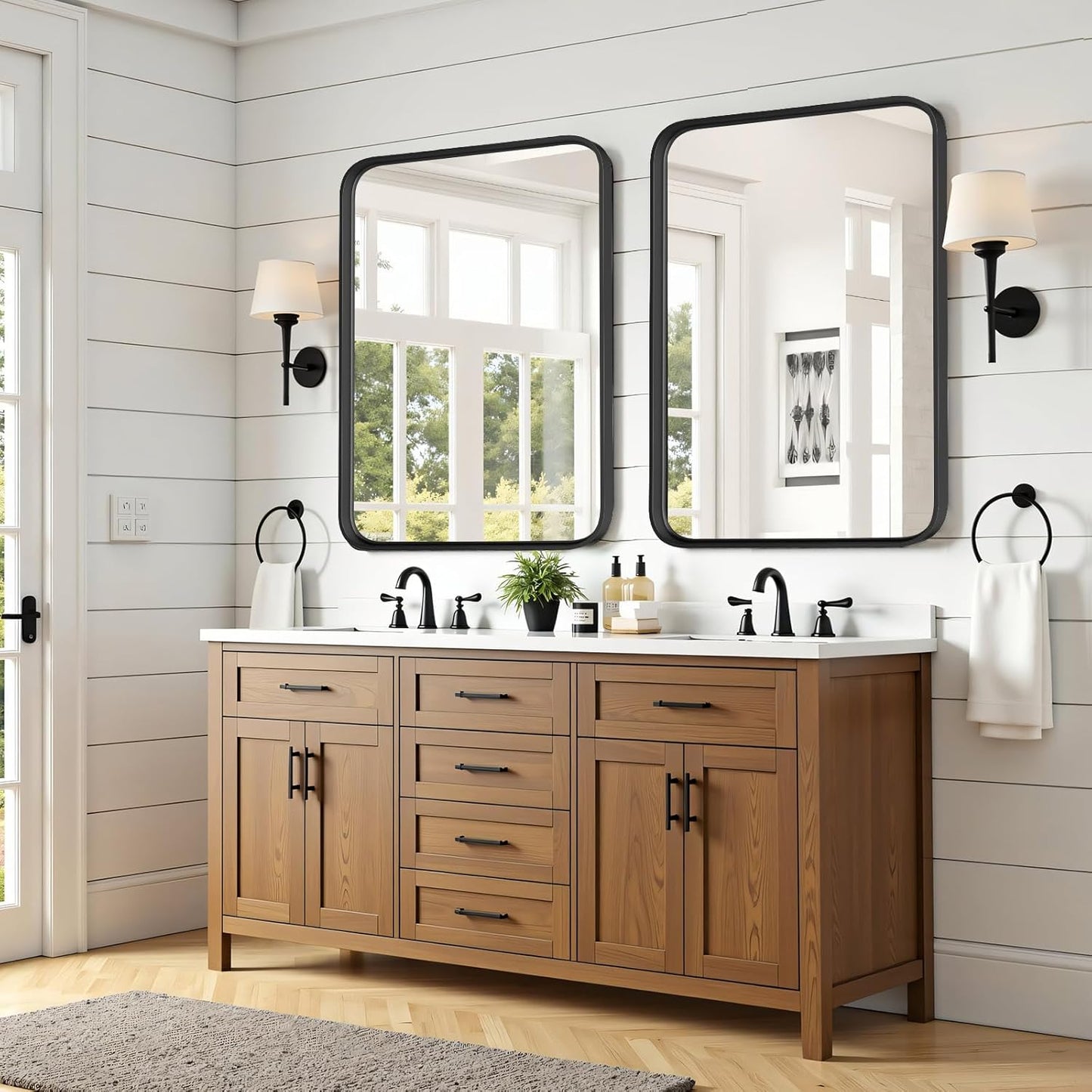 Bathroom Mirror for Wall, 24 Inch Round Mirror, Matte Black Metal Framed Circle Vanity Mirror for Bathroom Bedroom Living Room Entryway, Anti-Rust, Tempered Glass, Hanging or Leaning