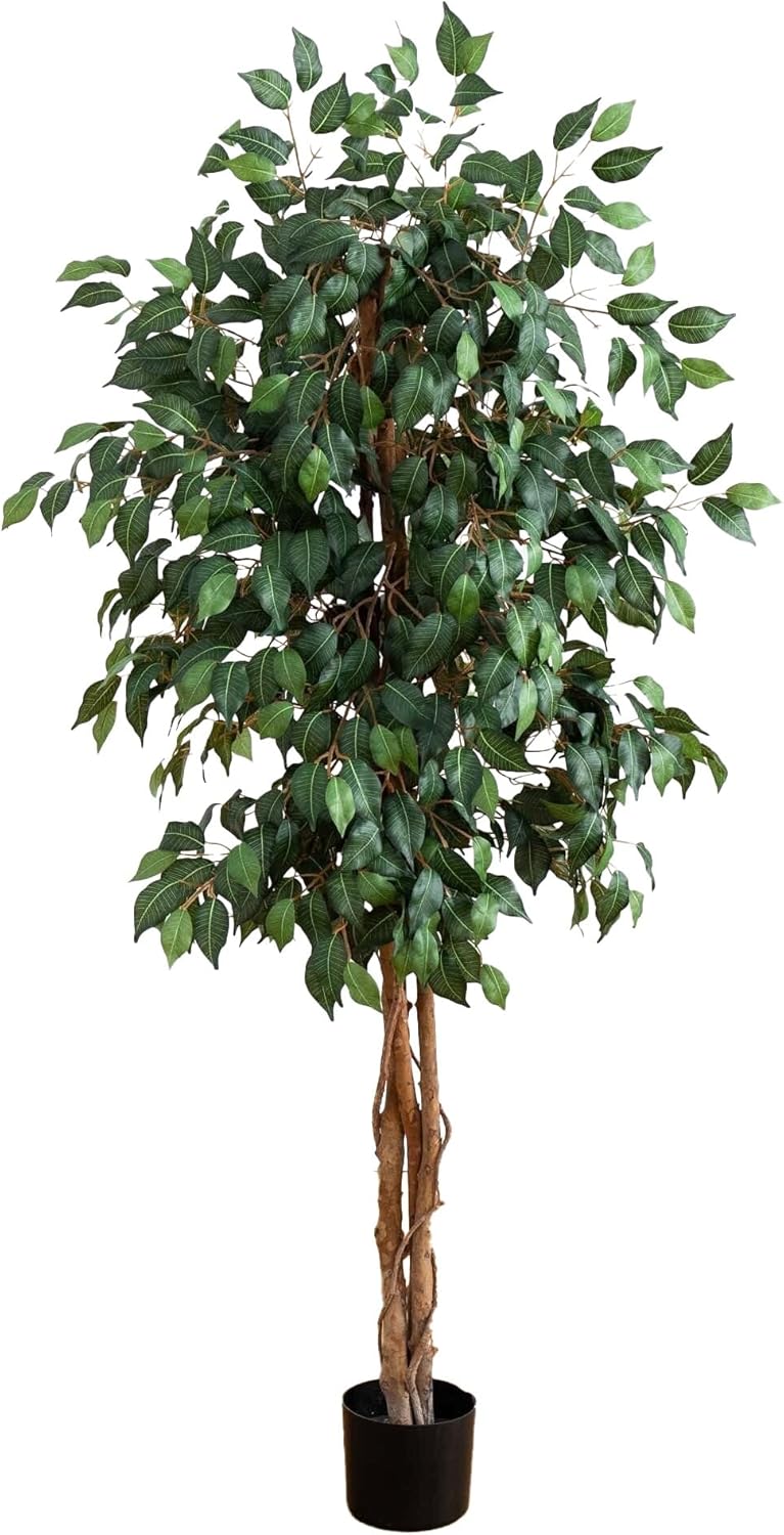 Nearly Natural 4ft Triple Trunk Ficus Silk Tree with Natural Wood Trunks and Dense Foliage, Mid-Size Faux Floor Plant for Home and Office
