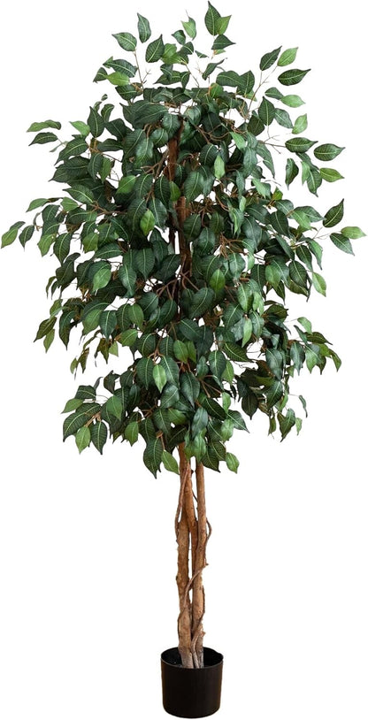 Nearly Natural 4ft Triple Trunk Ficus Silk Tree with Natural Wood Trunks and Dense Foliage, Mid-Size Faux Floor Plant for Home and Office