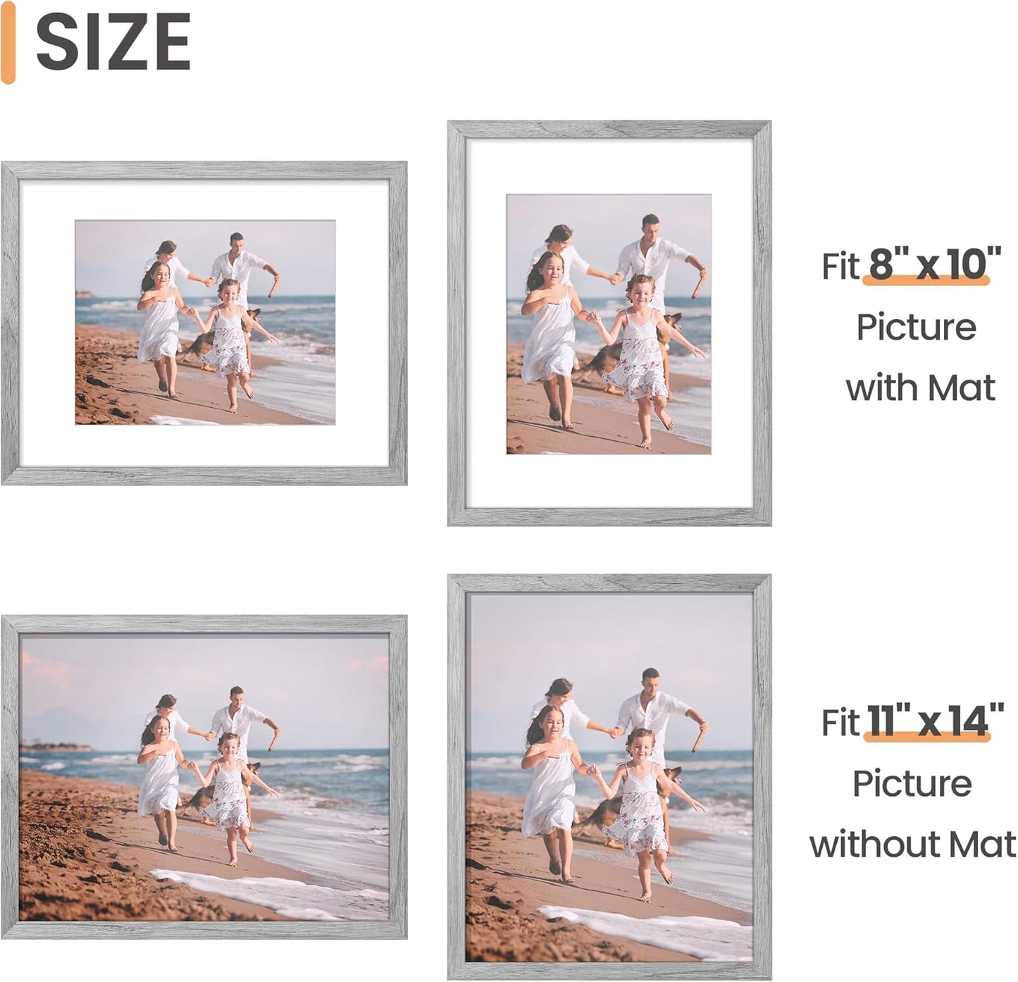 upsimples 11x14 Picture Frame Set of 5, Display Pictures 8x10 with Mat or 11x14 Without Mat, Wall Gallery Photo Frames, Black