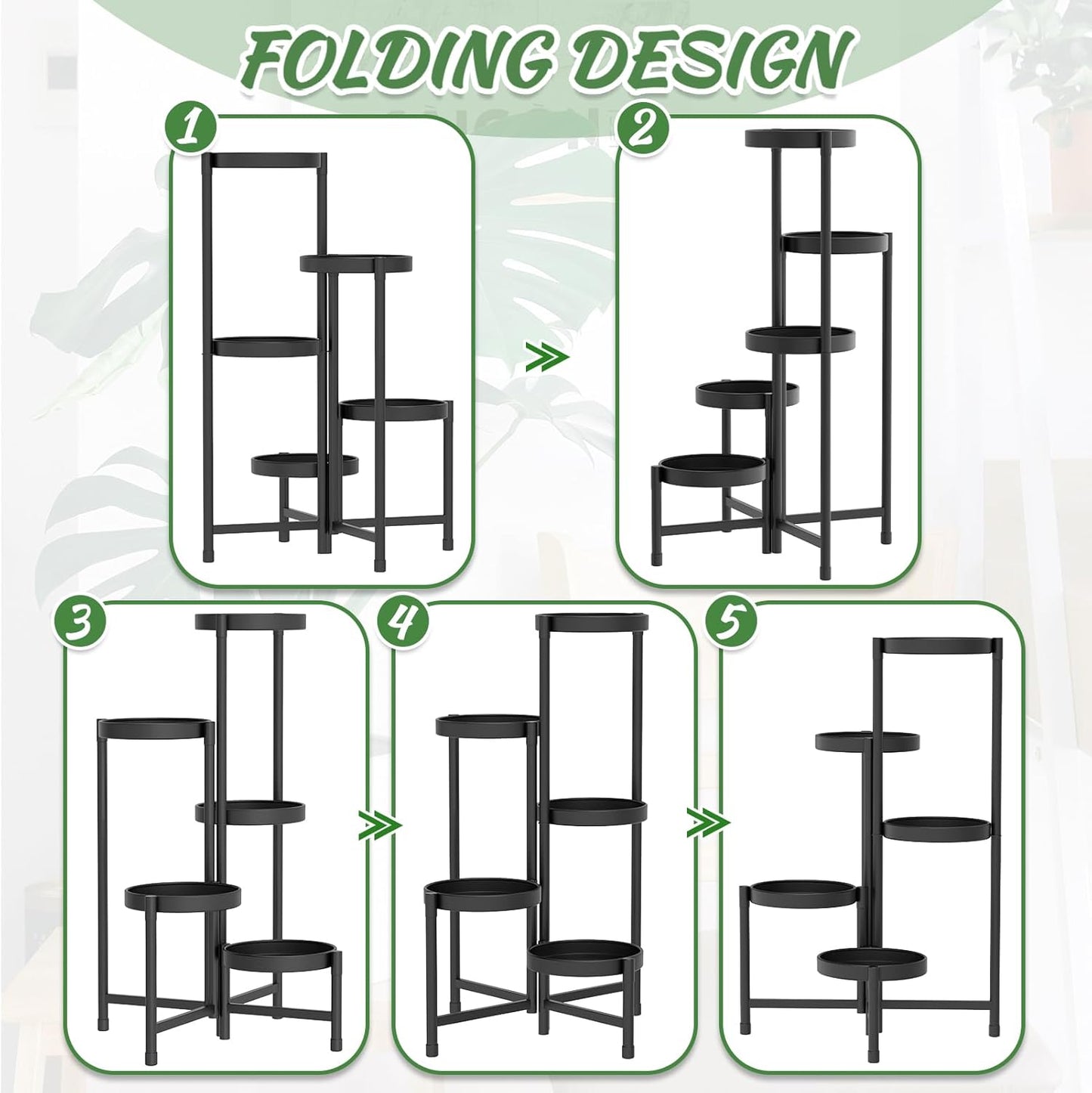 iDavosic.ly Plant Stand Indoor Outdoor, 5 Tier Corner Metal Flower Display Holder Shelf, Folding Tall Orchid Rack for Patio Balcony Porch Garden Living Room House, Black