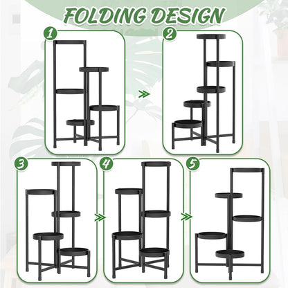 iDavosic.ly Plant Stand Indoor Outdoor, 5 Tier Corner Metal Flower Display Holder Shelf, Folding Tall Orchid Rack for Patio Balcony Porch Garden Living Room House, Black