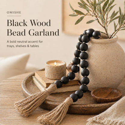 OMISHE Extra Large Wood Bead Garland with 1.6" Diameter Wooden Beads and Tassels, 41" Long Rustic Farmhouse Country Decorative Beads for Home Tiered Tray Decor, Natural Beige