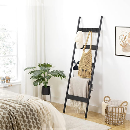 HOOBRO Blanket Ladder, 5-Tier Towel Rack with Hooks, Wall-Leaning Blanket Rack, Decorative Display Ladder Shelf, for Scarves, Industrial, Living Room, Bedroom, Rustic Brown and Black BF52CJ01