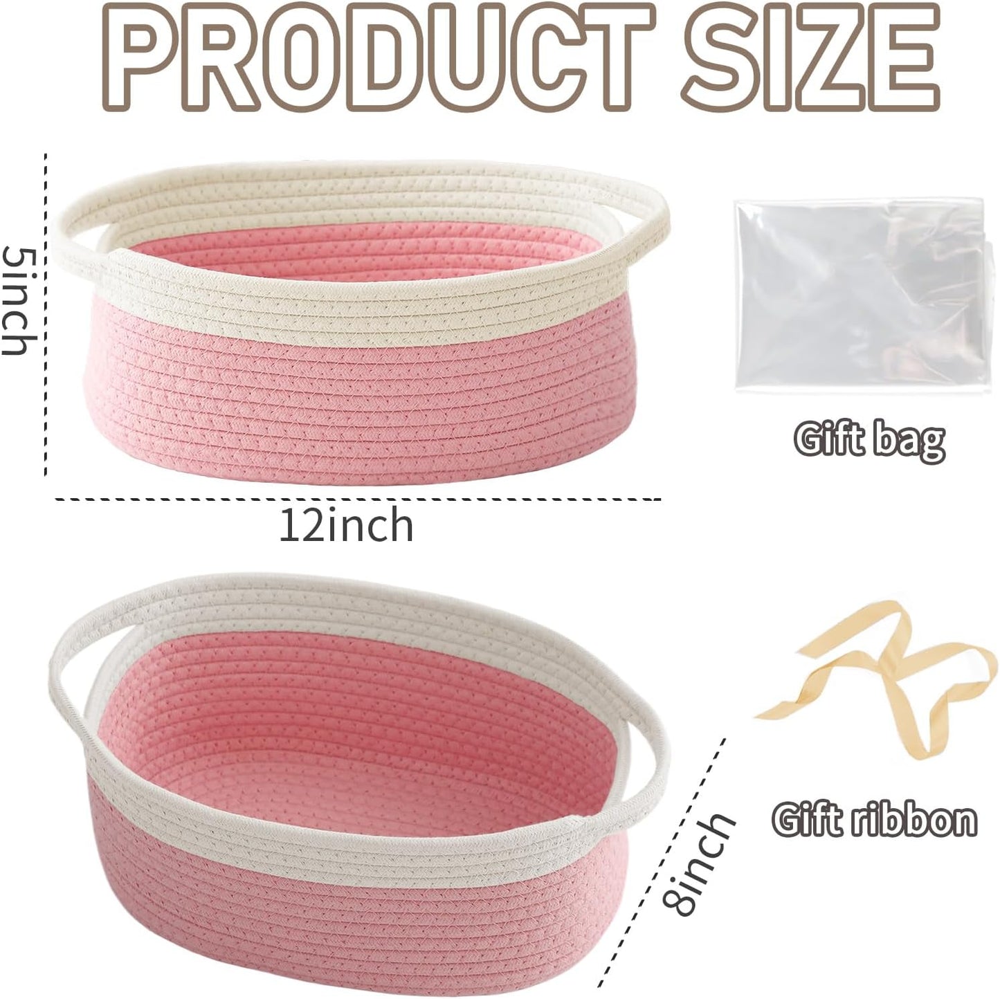 JMvicyroam Woven Basket,Small Rope Storage Bin with Handles & Ribbon Bag, Organizer for Shelves Closets,Gift Basket Empty for Birthday,Books,Dog Toys,White