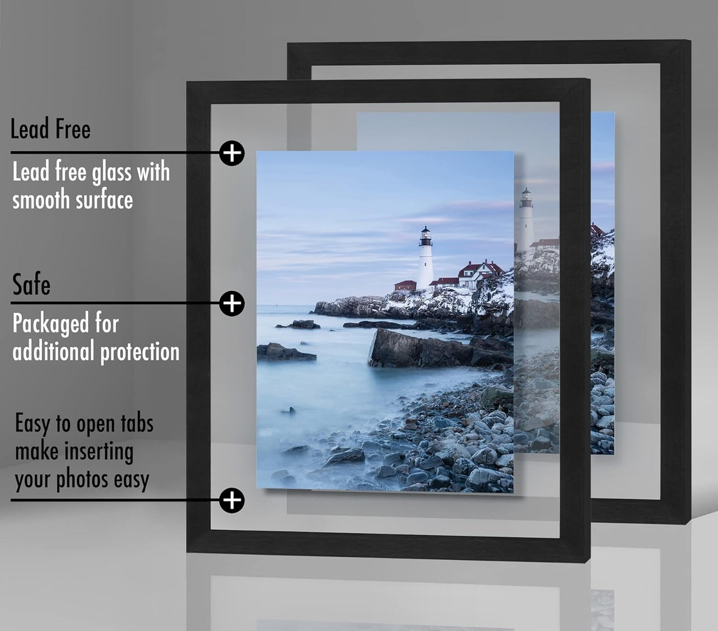 Americanflat 8.5x11 Floating Picture Frame with Polished Crystal-Clear Glass - Set of 2 - Use as 5x7 Frame or Display 4x6 Photo - Signature Float Collection - Photo Frames for Wall Display - Black