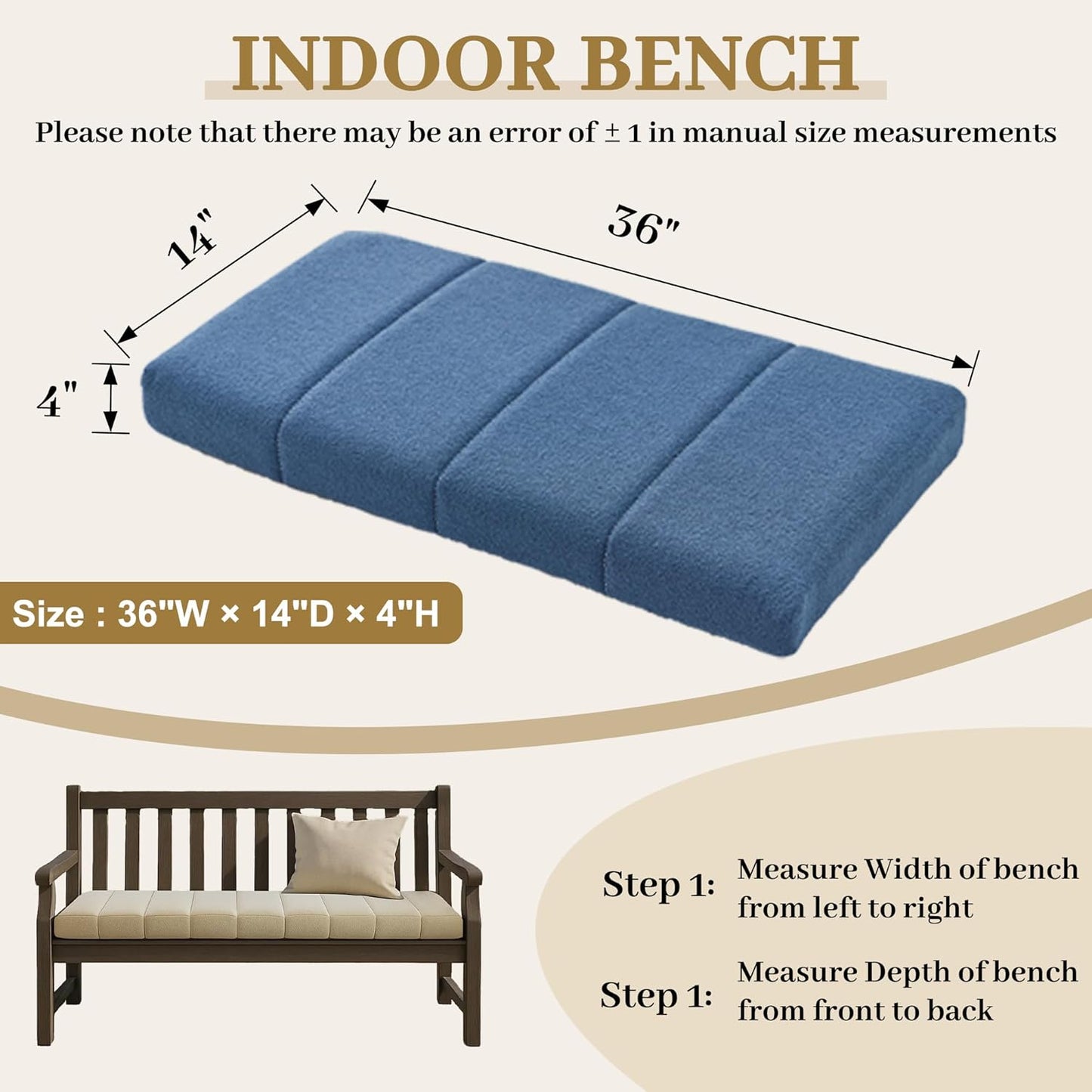 Custom Size Bench Cushion, Custom Bench Cushions for Indoor Furniture, 75D Foam Furniture Window Seat Cushion, Breakfast Nook, Mudroom, Banquette Bench Cushion, Non-Slip Bottom, Pipe Design
