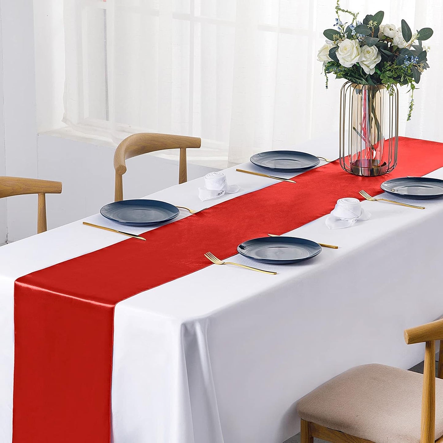 SiinvdaBZX 4 Pcs Royal Blue Satin Table Runner 12 x 108 inches Long, Bright Smooth Satin Wedding Table Runner Decorations for Birthday Parties, Buffet, Banquets, Graduations, Engagements