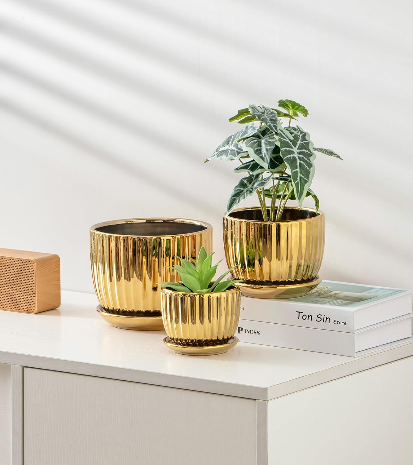 Ton Sin Pink Gold Ceramic Flower Pots, 4"+5"+6" Inch Small Glazed Succulent Planters with Drainage Hole,Modern Indoor Decorative Plant Pots Set of 3,Garden Pots with Saucer