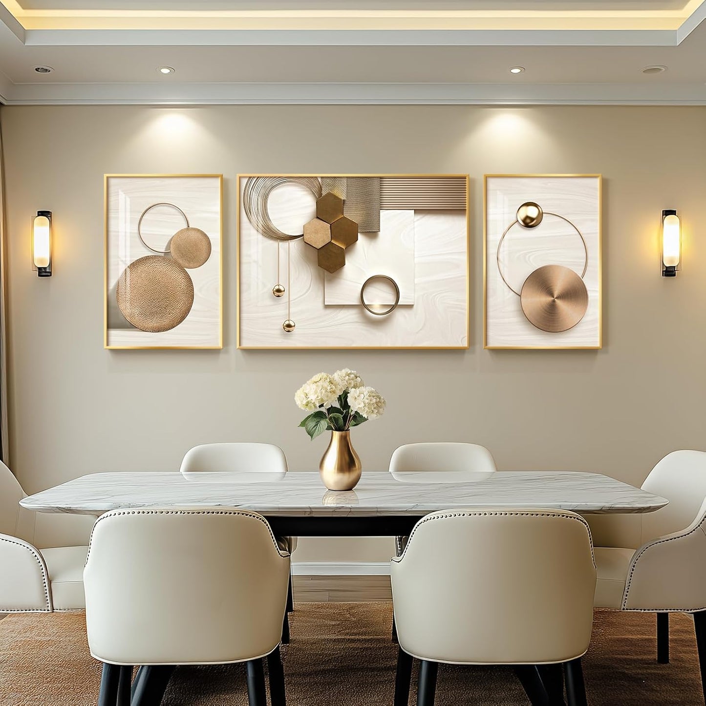 Framed Modern Luxury Gold Wall Art, Set of 3 Piece Contemporary Paintings Artwork for Walls, Golden Prints Pictures with Gold Frame, Wall Decor for Living Room, Hallway, Bedroom, Office 16x24 Inch