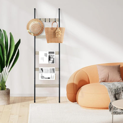 ELYKEN Blanket Ladder for Living Room, Farmhouse 5-Tier Quilt Holder with 4 Removable Hooks for Bathroom, Wood Towel Rack Display, Wall Anchor Leaning Decorative Stand for Home, Rustic Brown