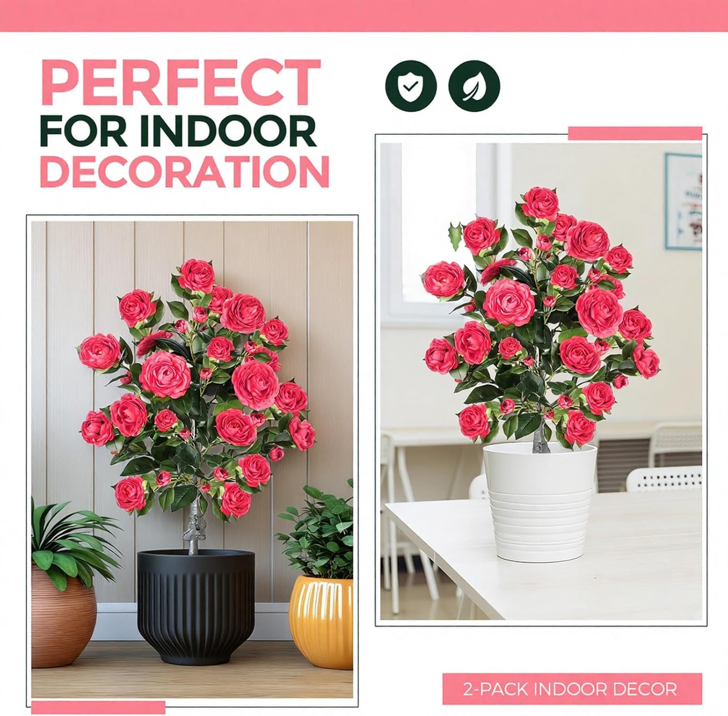 Lunmon 2 Pack 3ft Artificial Camellia Plants Tree 36" Faux Camellia Flower with Spike UV Resistant Realistic Fake Floral Blooming Bush for Indoor Outdoor Front Door Porch Backyard Garden, Purple